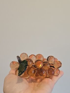 Vintage Lucite Amber Glass Grape Cluster Figurine with Green Leaf